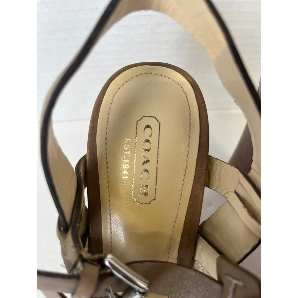 Coach Alie A0384 Taupe Brown Leather Strappy Platform‎ Block Heel Sandals 9.5B
